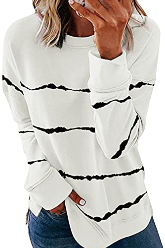 Meufam Damen Farbblock Pullover Gestreift Longsleeve Entspannt Sweatshirt Langarm Side Split Tunic Tops (Weiß, XL) von Meufam