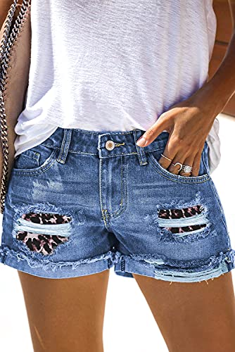 Meufam Jeansshorts Damen Casual Ripped Denim Shorts Mittlere Taille Kurze Hose Loch Hotpants Shorts mit Taschen (Leopard, M) von Meufam