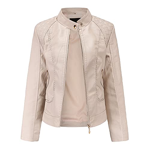 Meufam Kurze Jacke Damen Kunstlederjacke Bikerjacke mit Reißverschluss Lederjacke Frauen mit Zip Herbst Frühling Kunstleder Motorradjacke (Beige, XL) von Meufam