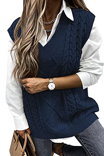 Pullover Damen Ärmelloser Weste Pullunder V-Ausschnitt Pullover Strickweste Strickpullover Sweater Vest Vintage Tank Top (Blau, L) von Meufam