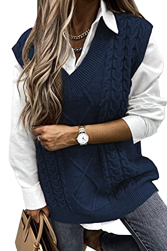 Pullover Damen Ärmelloser Weste Pullunder V-Ausschnitt Pullover Strickweste Strickpullover Sweater Vest Vintage Tank Top (Blau, XL) von Meufam