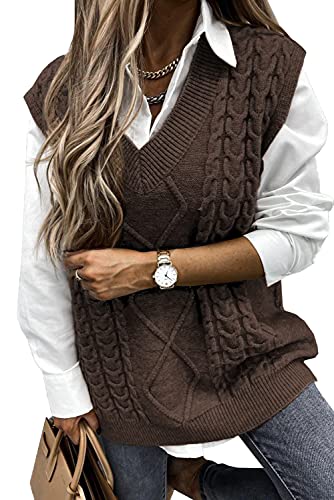 Pullover Damen Ärmelloser Weste Pullunder V-Ausschnitt Pullover Strickweste Strickpullover Sweater Vest Vintage Tank Top (Braun, XL) von Meufam