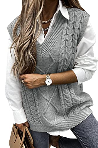 Pullover Damen Ärmelloser Weste Pullunder V-Ausschnitt Pullover Strickweste Strickpullover Sweater Vest Vintage Tank Top (Grau, XL) von Meufam