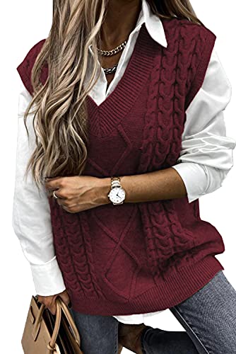Pullover Damen Ärmelloser Weste Pullunder V-Ausschnitt Pullover Strickweste Strickpullover Sweater Vest Vintage Tank Top (Rot, L) von Meufam