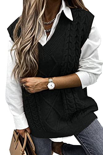 Pullover Damen Ärmelloser Weste Pullunder V-Ausschnitt Pullover Strickweste Strickpullover Sweater Vest Vintage Tank Top (Schwarz, XXL) von Meufam