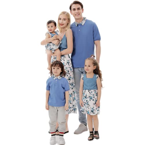 Schönes Mutter Tochter Floral gedruckt Kleider Sommer Matching Outfits Familien Kleidung ärmellos V Ausschnitt Kleider Vater und Sohn T-Shirts Kurzärmelig (Mädchen Hellblau,2 Y) von Meufam