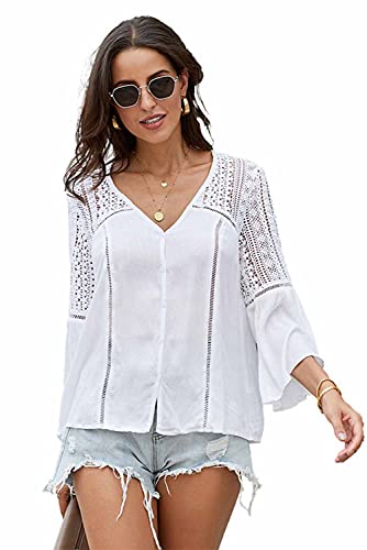 Meufam Spitze Bluse Damen Elegant Tunika Bluse V-Ausschnitt Langarm Causal Tops Lose Langarmshirt Vintage Tunika Shirt Oberteil (Weiß, S) von Meufam