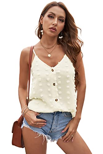 Spitze Camisole Damen Basic Oberteil Spaghettiträger Tank Top Swiss Dot Pom Pom V Ausschnitt Cami Shirt (S, Beige) von Meufam