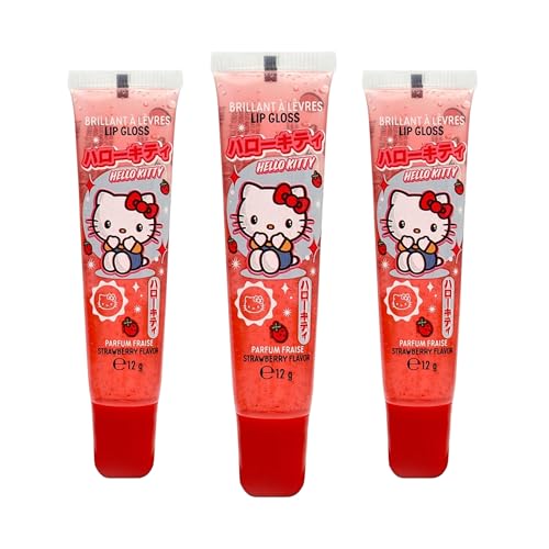 Hello Kitty Lipgloss Tube 3er set - Für strahlende Lippen mit Erdbeerduft - Classic Tube -Lipgloss für kinder-Feuchtigkeitsspendender Lip Gloss, Langanhaltend Lip Glow-3X12gr von Mevsim Store