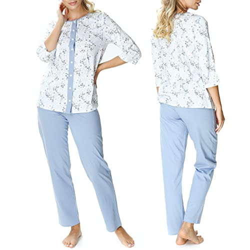 Mewa Damen Schlafanzug Helena, Blau mit Blumen, Baumwolle, zweiteilig, Damenpyjama mit Knöpfen, Pyjama Set Nachtwäsche 44 Blau von Mewa