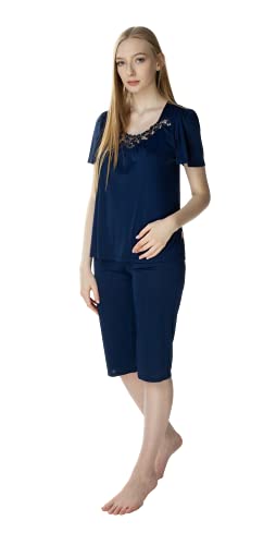 Pyjama Damen Set Matylda - Pyjamahose Damen Lang Und Nachthemd Für Frauen - Dessous Set - Aus Viskose-Seide - Viele Farbvarianten - Ökologischer Strick (Navy_Blau, 48) von Mewa