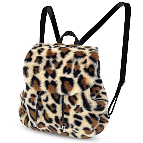 Mewcho Y2k Rucksack mit Leopardenmuster, klein, niedlich, rosa, blau, mit Kordelzug, flauschig, Kawaii-Mini-Rucksack für Damen, Teenager, Mädchen, 27,9 cm, Ein-Braun, Einheitsgröße, Retro von Mewcho