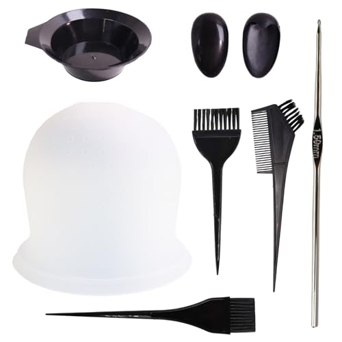 Silikon Highlight Kappe, Wiederverwendbare Strähnchen Haube mit Häkelnadel & Haarfärbepinsel, Zubehör zum Haare Färben & Strähnen Selber Machen, Ideal für Blonde Strähnen von Mewtush