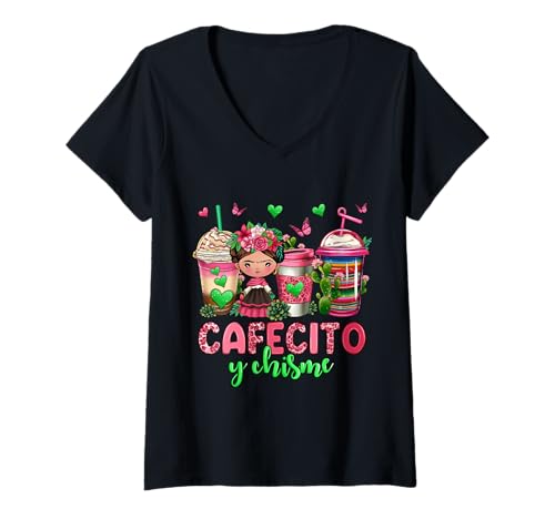 Damen Cafecito y chisme Coffee Cups T-Shirt mit V-Ausschnitt von MexiColor