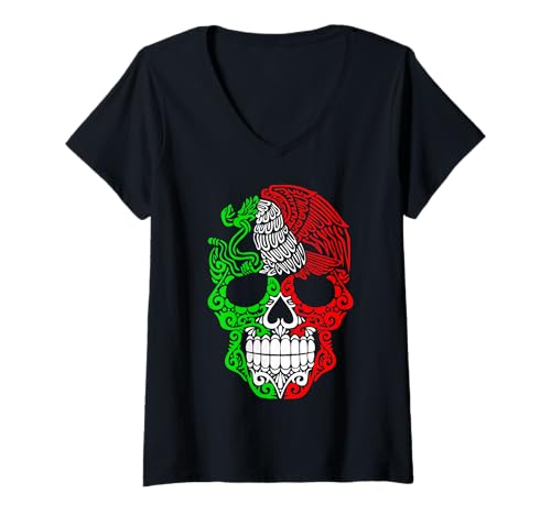 Damen Day of The Dead Dia de los Muertos Mexican Skull Mexico T-Shirt mit V-Ausschnitt von MexiColor