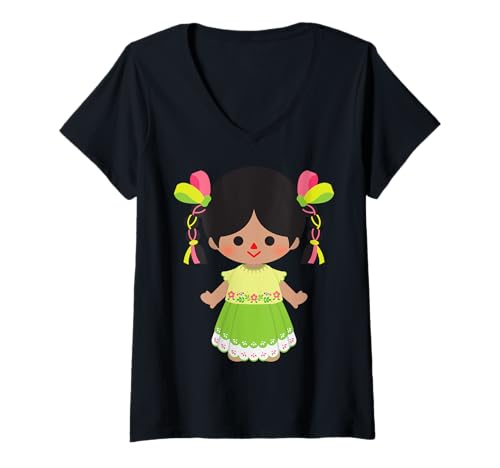 Damen Mexican Rag Dolls Muñecas Mexicanas Lele Handmade Maria T-Shirt mit V-Ausschnitt von MexiColor
