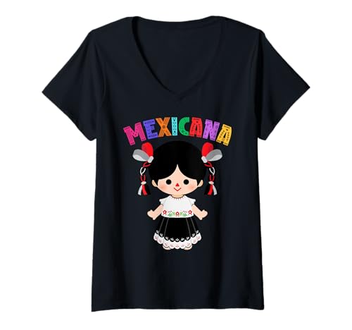 Damen Muñeca Mexican Doll Lele Patrimonial Beauty of Querétaro Mex T-Shirt mit V-Ausschnitt von MexiColor