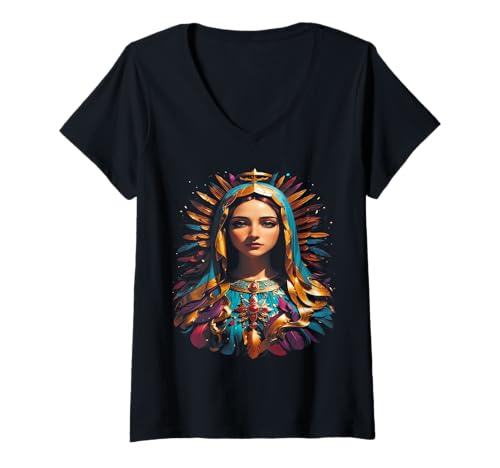 Damen Our Lady of Guadalupe Virgin Mary Catholic Saint T-Shirt mit V-Ausschnitt von MexiColor