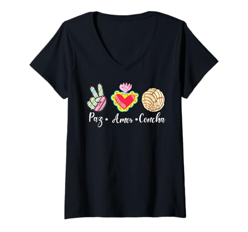 Damen Peace Love Conchas Pan Dulce Latina Mexican Concha Pastry T-Shirt mit V-Ausschnitt von MexiColor