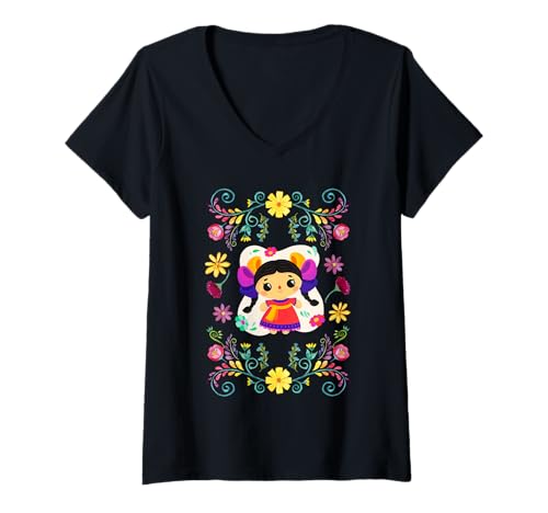 Damen Traditional Mexican Doll - Muñeca Lele T-Shirt mit V-Ausschnitt von MexiColor