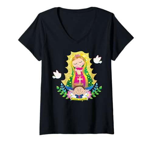 Damen Virgen de Guadalupe Cuidame y Protegeme de todo Mal T-Shirt mit V-Ausschnitt von MexiColor