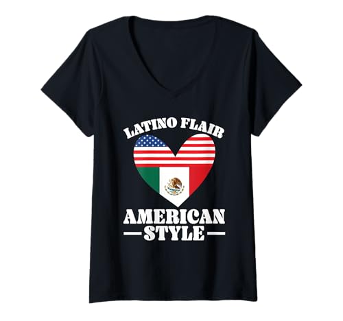 Damen Halb mexikanische halb amerikanische USA-Flagge Mexikanische Amerikan T-Shirt mit V-Ausschnitt von Mexican American USA Flag Mexico