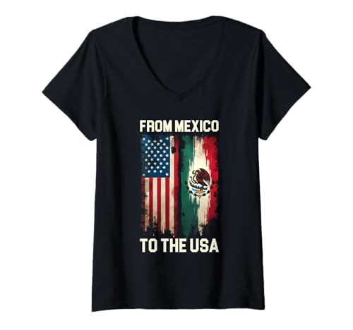 Damen Halb mexikanische halb amerikanische USA-Flagge Mexikanische Amerikan T-Shirt mit V-Ausschnitt von Mexican American USA Flag Mexico