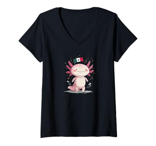 Damen Großes lächelndes Axolotl Kostüm T-Shirt mit V-Ausschnitt von Mexican Axolotl Outfit