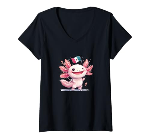 Damen Lachender Axolotl mit Mexiko Flagge Kostüm T-Shirt mit V-Ausschnitt von Mexican Axolotl Outfit