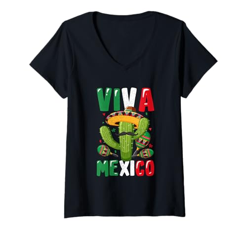 Damen Viva Mexico Kaktus Sombrero Fun T-Shirt mit V-Ausschnitt von Mexican Celebration Cactus Sombrero
