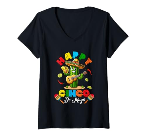 Damen Happy Cinco De Mayo Mexican Cactus Sombrero Taco Guitarist T-Shirt mit V-Ausschnitt Damen Happy Cinco De Mayo Mexican Cactus Sombrero Taco Guitarist T-Shirt mit V-Ausschnitt von Mexican Culture Cinco De Mayo Costume