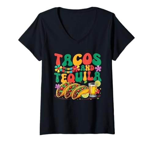 Damen Taco And Tequila Cinco De Mayo Mexican Drinker Funny Party T-Shirt mit V-Ausschnitt Damen Taco And Tequila Cinco De Mayo Mexican Drinker Funny Party T-Shirt mit V-Ausschnitt von Mexican Culture Cinco De Mayo Costume