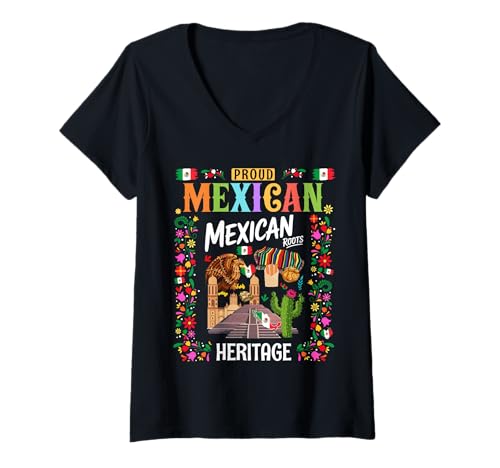 Damen Mexikanisches Erbe Kostüm Outfit Idee für Kinder & Mexiko Flagge T-Shirt mit V-Ausschnitt von Mexican Independence Day Costume Idea For Toddlers