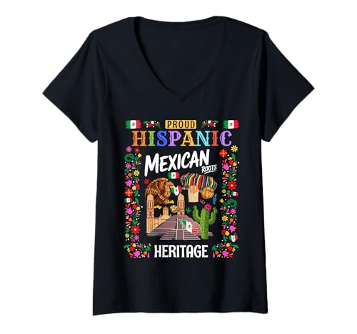 Damen Mexikanisches Erbe Kostüm Outfit Idee für Kinder & Mexiko Flagge T-Shirt mit V-Ausschnitt von Mexican Roots Hispanic Heritage Day Idea For Women