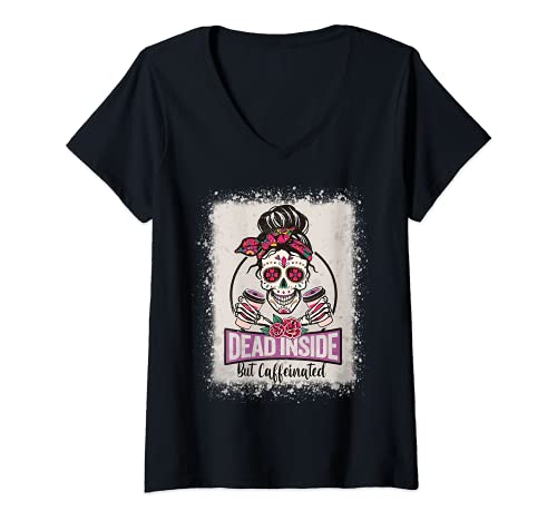 Damen Dead Inside But koffeinierter Sugar Skull Dia De Los Muertos T-Shirt mit V-Ausschnitt Damen Dead Inside But koffeinierter Sugar Skull Dia De Los Muertos T-Shirt mit V-Ausschnitt von Mexican Skull Girl Attire