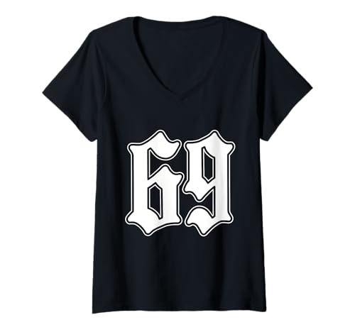 Damen #69 weiß Nummer 69 Latino Sports Fan Team Cholo Easy T-Shirt mit V-Ausschnitt von Mexican Sports Halloween Football Group Costume