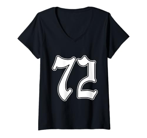 Damen #72 Weißes Latino-Sport-Fanteam Nummer 72 Cholo Easy T-Shirt mit V-Ausschnitt von Mexican Sports Halloween Football Group Costume
