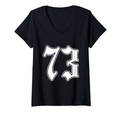 Damen #73 weiß Nummer 73 Latino Sports Fan Team Cholo Easy T-Shirt mit V-Ausschnitt von Mexican Sports Halloween Football Group Costume