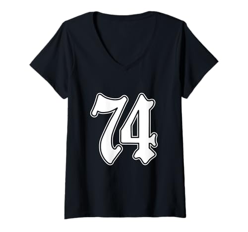 Damen #74 weiß Nummer 74 Latino Sports Fan Team Cholo Easy T-Shirt mit V-Ausschnitt von Mexican Sports Halloween Football Group Costume