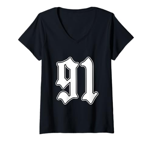 Damen #91 weiß Nummer 91 Latino Sports Fan Team Cholo Easy T-Shirt mit V-Ausschnitt von Mexican Sports Halloween Football Group Costume