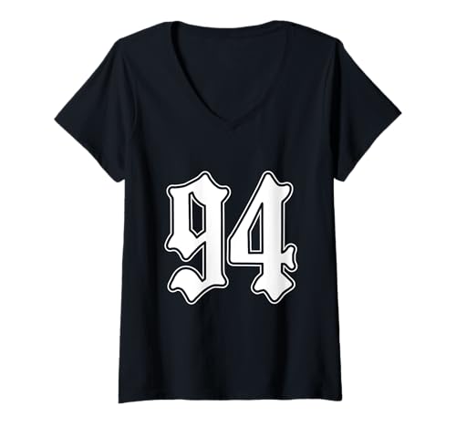 Damen #94 weiß Nummer 94 Latino Sports Fan Team Cholo Easy T-Shirt mit V-Ausschnitt von Mexican Sports Halloween Football Group Costume