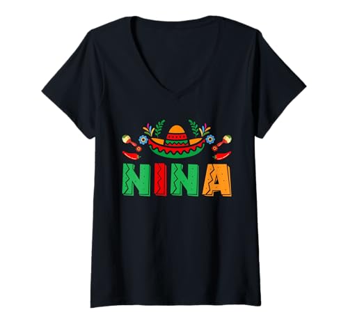 Damen Nina Mexikanische Fiesta, Geburtstagsparty, Thema, passende Familie T-Shirt mit V-Ausschnitt von Mexican Themed Birthday Party Gifts