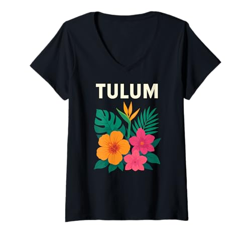 Damen Lustiges Tulum Mexiko Sommerabenteuer, tropisches Blumen-Design T-Shirt mit V-Ausschnitt Damen Lustiges Tulum Mexiko Sommerabenteuer, tropisches Blumen-Design T-Shirt mit V-Ausschnitt von Mexican Travel Souvenir Designs