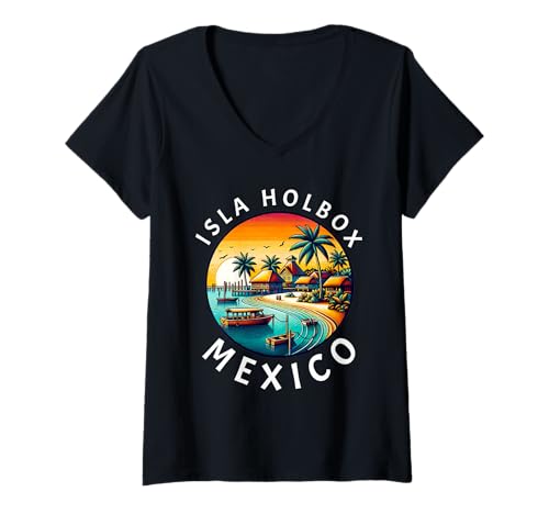 Damen Mexiko Isla Holbox T-Shirt mit V-Ausschnitt Damen Mexiko Isla Holbox T-Shirt mit V-Ausschnitt von Mexican Vacation And Mexico Trip Apparel