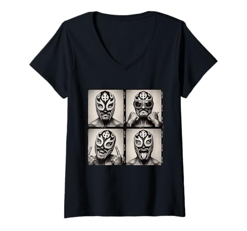 Damen Mexikanische Wrestling Lucha Libre Maske Gesichter T-Shirt mit V-Ausschnitt Damen Mexikanische Wrestling Lucha Libre Maske Gesichter T-Shirt mit V-Ausschnitt von Mexican Wrestling Lucha Libre Mask Art Photography