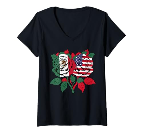 Damen Mexiko USA Flagge Mexikanische Flagge Amerikanische Flagge Rose Blume T-Shirt mit V-Ausschnitt Damen Mexiko USA Flagge Mexikanische Flagge Amerikanische Flagge Rose Blume T-Shirt mit V-Ausschnitt von Mexico And USA Flag American Flag Rose Flower