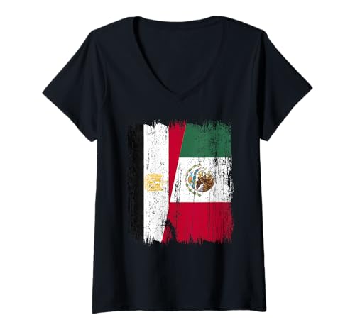 Damen Ägypten Mexiko Halbflagge Ägyptisches mexikanisches Erbe T-Shirt mit V-Ausschnitt Damen Ägypten Mexiko Halbflagge Ägyptisches mexikanisches Erbe T-Shirt mit V-Ausschnitt von Mexico Flag Designs Proud Mexican Roots