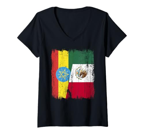 Damen Äthiopien, Mexiko, halbe Flagge, äthiopisches mexikanisches Erbe T-Shirt mit V-Ausschnitt Damen Äthiopien, Mexiko, halbe Flagge, äthiopisches mexikanisches Erbe T-Shirt mit V-Ausschnitt von Mexico Flag Designs Proud Mexican Roots