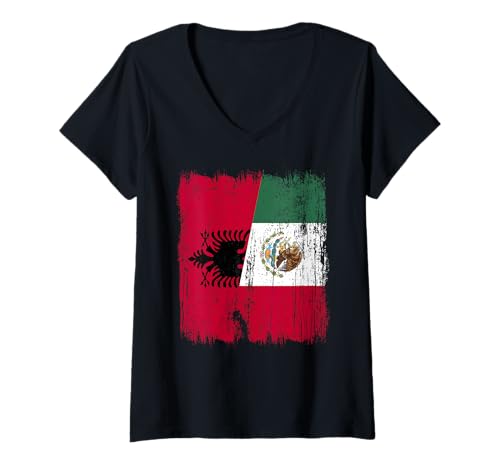 Damen Albanien, Mexiko, halbe Flagge, albanisches mexikanisches Erbe T-Shirt mit V-Ausschnitt Damen Albanien, Mexiko, halbe Flagge, albanisches mexikanisches Erbe T-Shirt mit V-Ausschnitt von Mexico Flag Designs Proud Mexican Roots