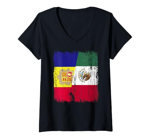 Damen Andorra Mexiko Halbflagge Andorran Mexikanisches Erbe T-Shirt mit V-Ausschnitt Damen Andorra Mexiko Halbflagge Andorran Mexikanisches Erbe T-Shirt mit V-Ausschnitt von Mexico Flag Designs Proud Mexican Roots